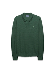 Mens Leroy Long Sleeve Knit Polo in dark green, featuring a textured knit fabric, classic fit, two-button placket, and small embroidered Psycho Bunny skull logo on the left chest. (5)