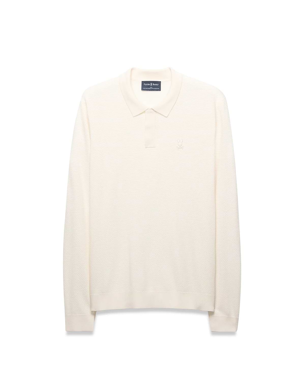 Mens Leroy Long Sleeve Knit Polo in cream, featuring a classic fit, horizontal ribbed knit texture, two-button placket, and a small embroidered Psycho Bunny skull logo on the left chest.