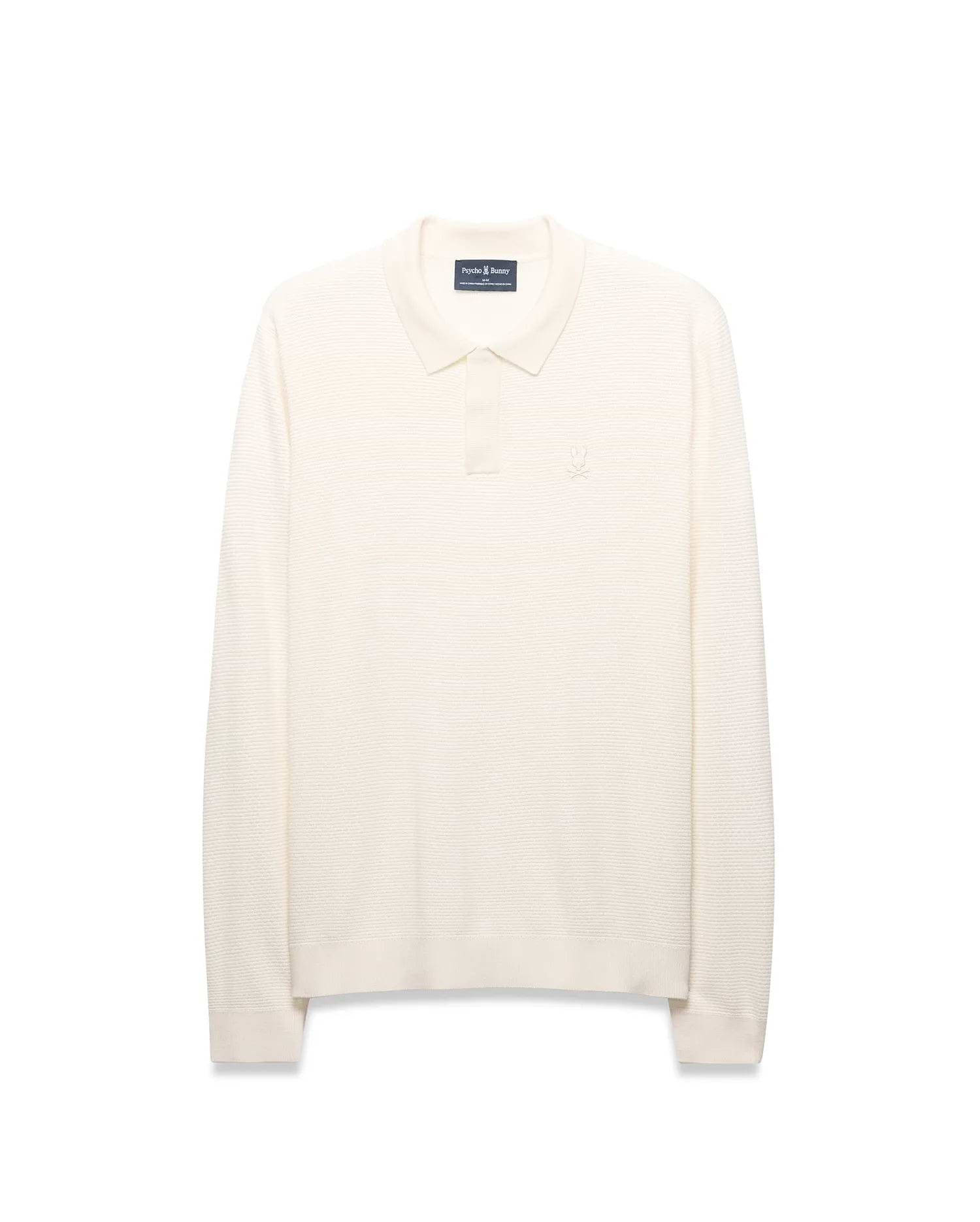 Mens Leroy Long Sleeve Knit Polo in cream, featuring a classic fit, horizontal ribbed knit texture, two-button placket, and a small embroidered Psycho Bunny skull logo on the left chest.