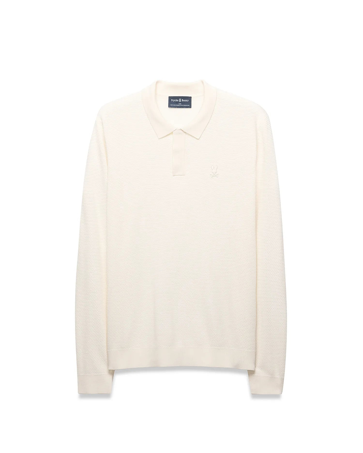 Mens Leroy Long Sleeve Knit Polo in cream, featuring a classic fit, horizontal ribbed knit texture, two-button placket, and a small embroidered Psycho Bunny skull logo on the left chest.