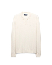 Mens Leroy Long Sleeve Knit Polo in cream, featuring a classic fit, horizontal ribbed knit texture, two-button placket, and a small embroidered Psycho Bunny skull logo on the left chest.