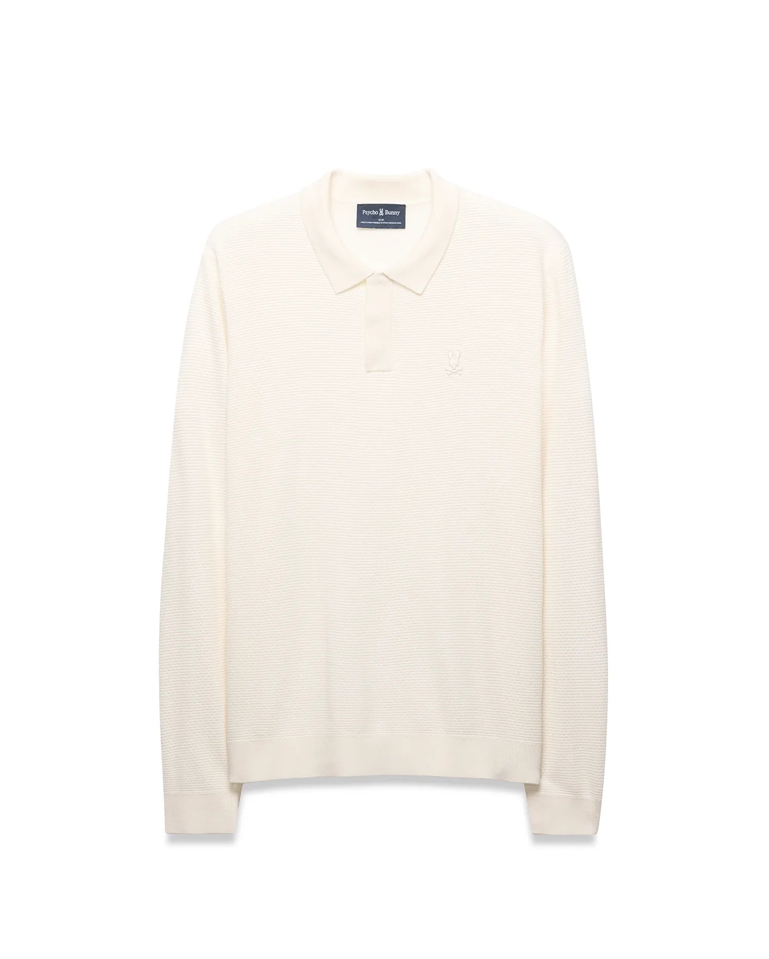 Mens Leroy Long Sleeve Knit Polo in cream, featuring a classic fit, horizontal ribbed knit texture, two-button placket, and a small embroidered Psycho Bunny skull logo on the left chest.