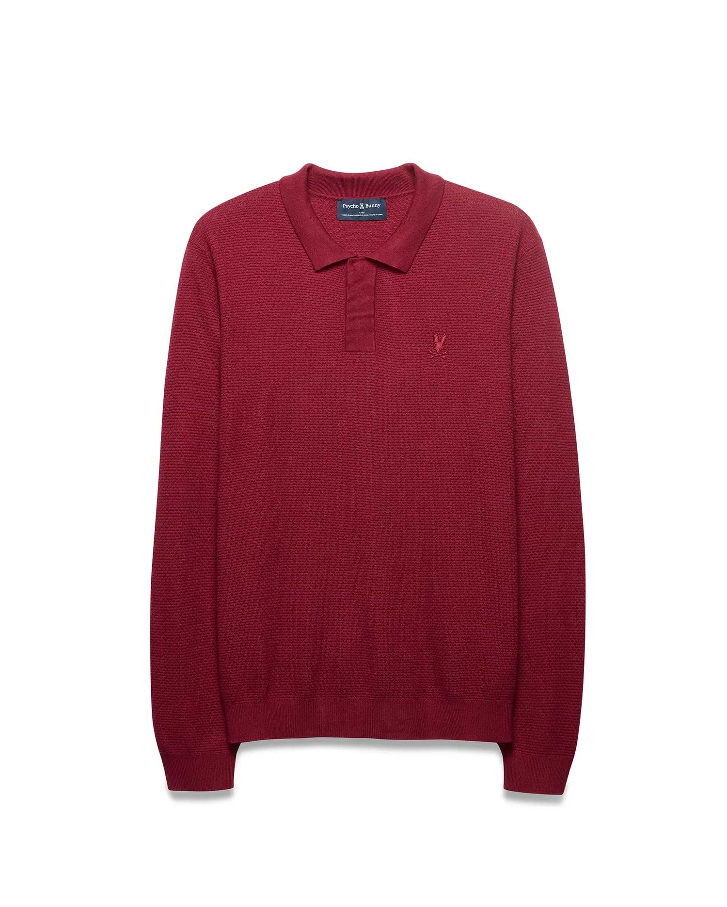 Men's Leroy Longsleeve Knit Polo in deep red, featuring a textured knit fabric, classic fit, and a small tonal embroidered Psycho Bunny skull logo on the left chest. (5)