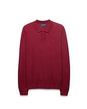 Men's Leroy Longsleeve Knit Polo in deep red, featuring a textured knit fabric, classic fit, and a small tonal embroidered Psycho Bunny skull logo on the left chest. (5)