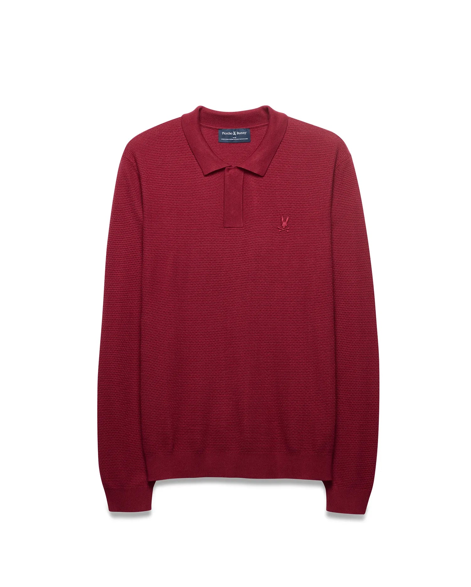 Men's Leroy Longsleeve Knit Polo in deep red, featuring a textured knit fabric, classic fit, and a small tonal embroidered Psycho Bunny skull logo on the left chest. (5)