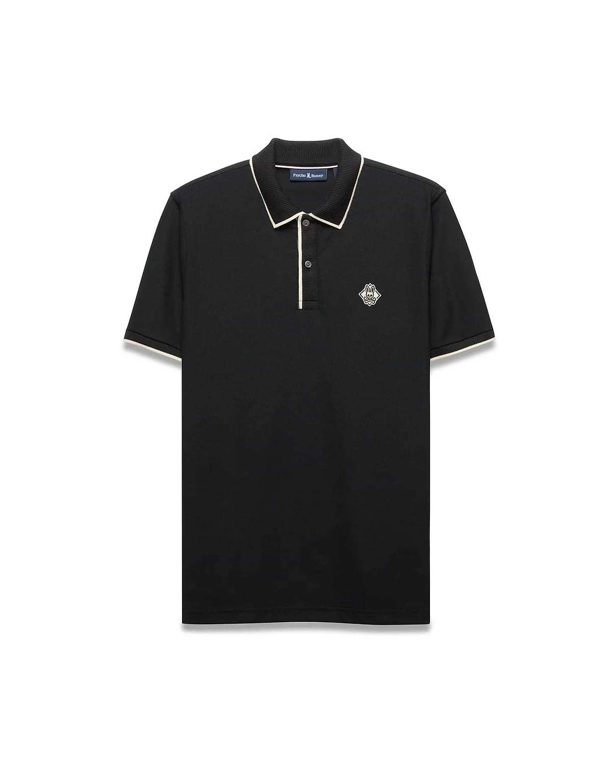 Mens Robin Pique Polo, black classic fit with cream piping on the collar and cuffs, featuring a textured pique fabric and an embroidered Psycho Bunny skull logo on the left chest.