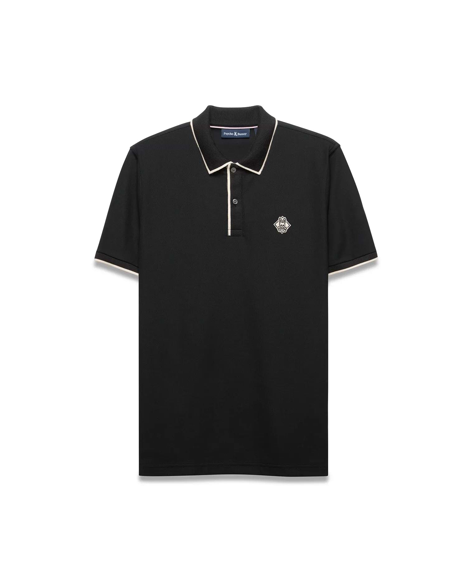 Mens Robin Pique Polo, black classic fit with cream piping on the collar and cuffs, featuring a textured pique fabric and an embroidered Psycho Bunny skull logo on the left chest.