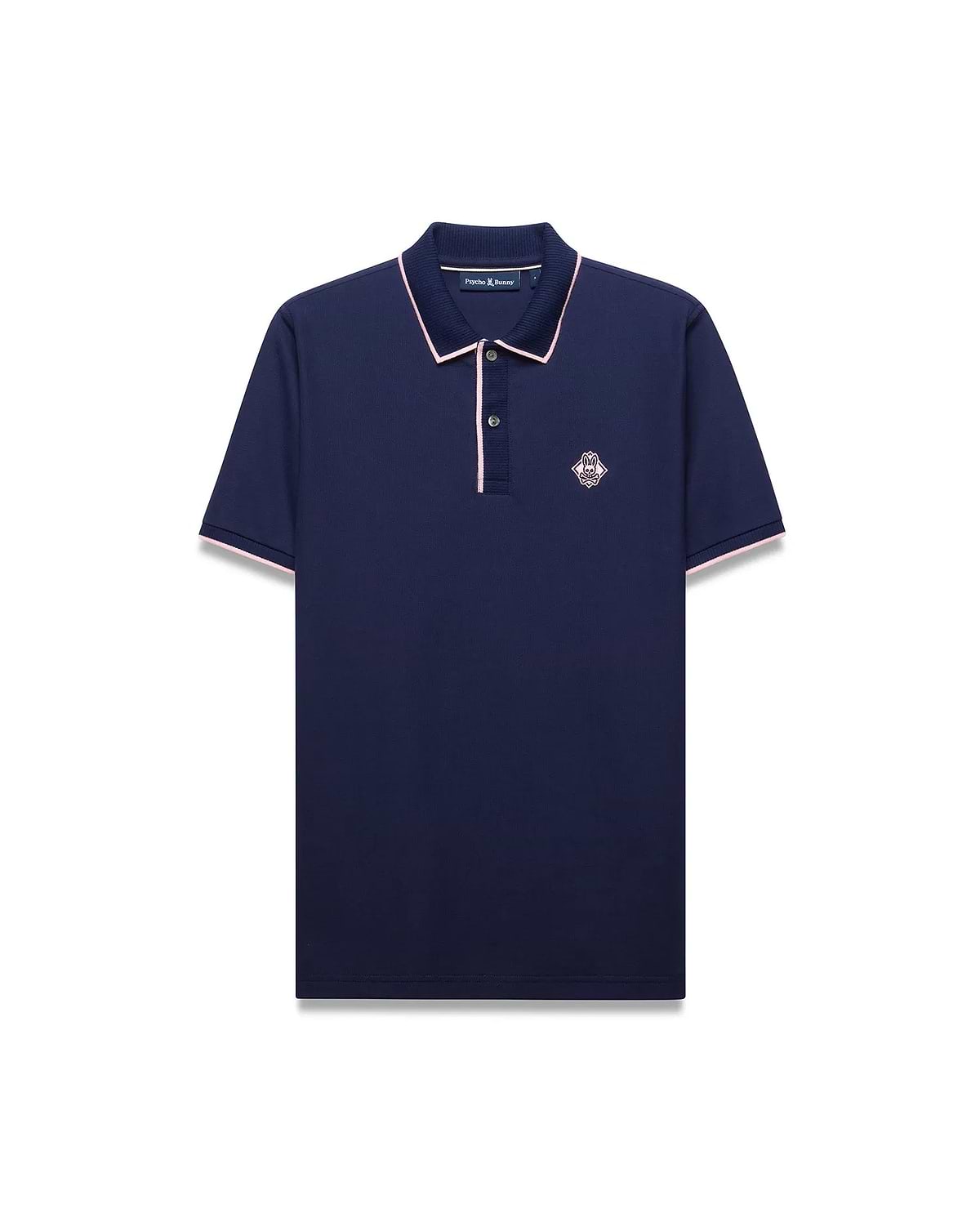Mens Robin Pique Polo in navy pique with pink trim on the collar, placket, and sleeve cuffs, featuring an embroidered pink Psycho Bunny skull logo on the left chest.