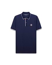 Mens Robin Pique Polo in navy pique with pink trim on the collar, placket, and sleeve cuffs, featuring an embroidered pink Psycho Bunny skull logo on the left chest.