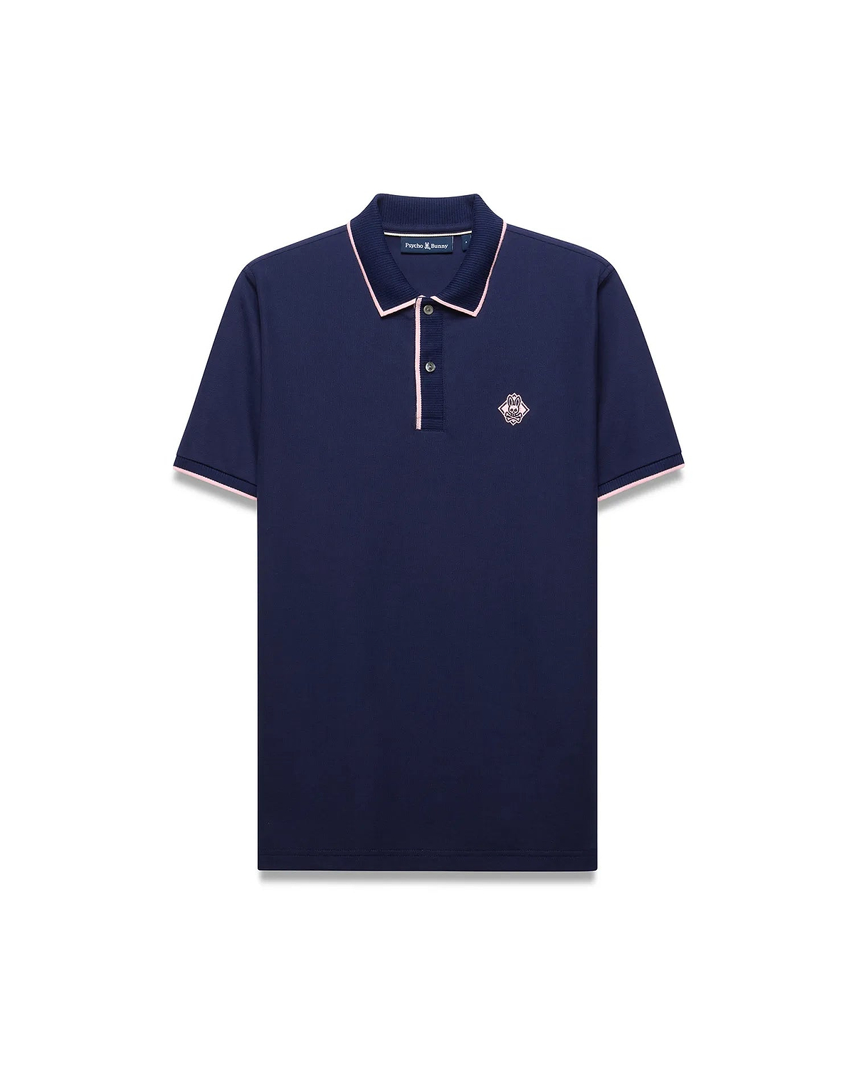 Mens Robin Pique Polo in navy pique with pink trim on the collar, placket, and sleeve cuffs, featuring an embroidered pink Psycho Bunny skull logo on the left chest.