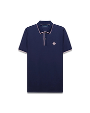 Mens Robin Pique Polo in navy pique with pink trim on the collar, placket, and sleeve cuffs, featuring an embroidered pink Psycho Bunny skull logo on the left chest.