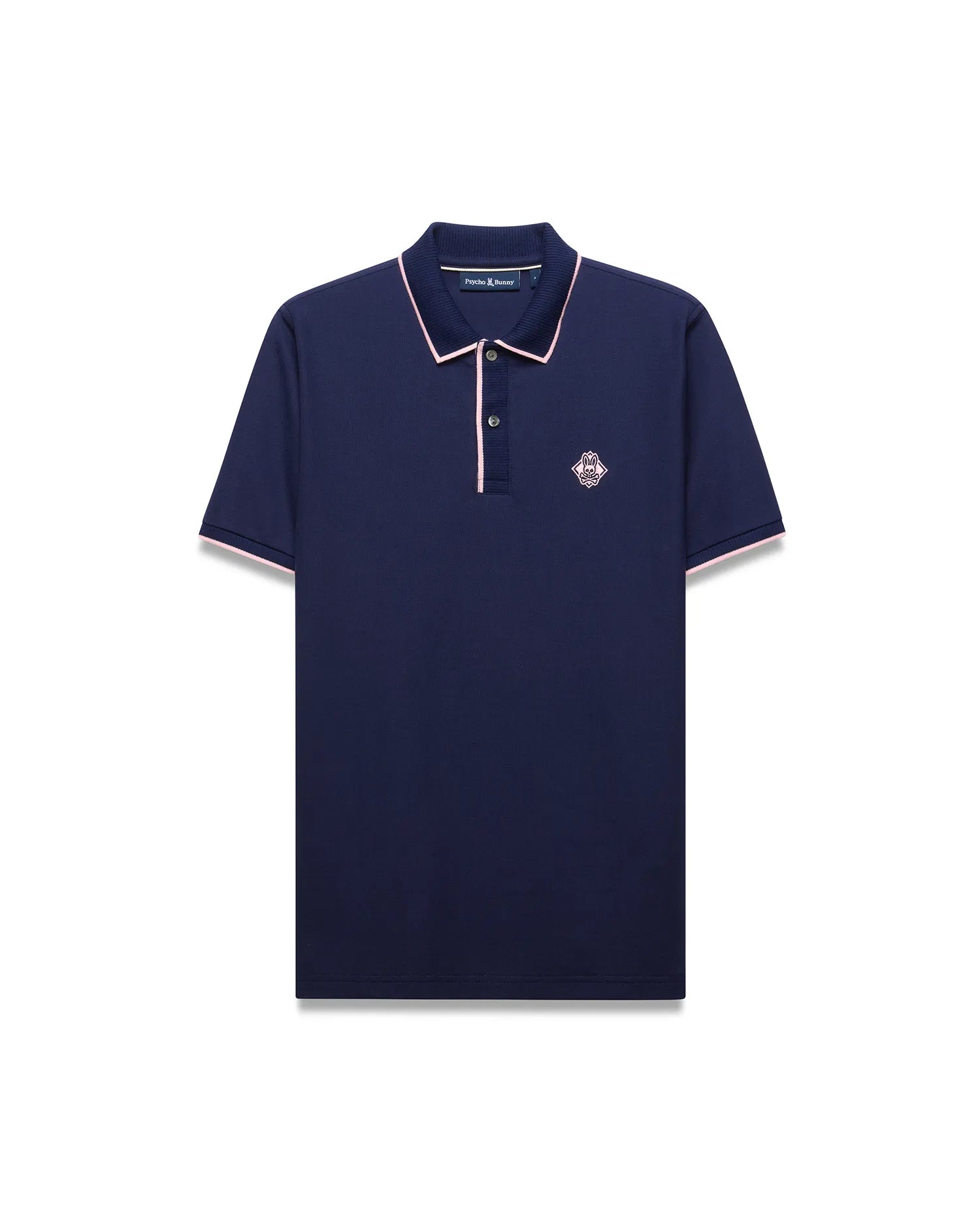 Mens Robin Pique Polo in navy pique with pink trim on the collar, placket, and sleeve cuffs, featuring an embroidered pink Psycho Bunny skull logo on the left chest.