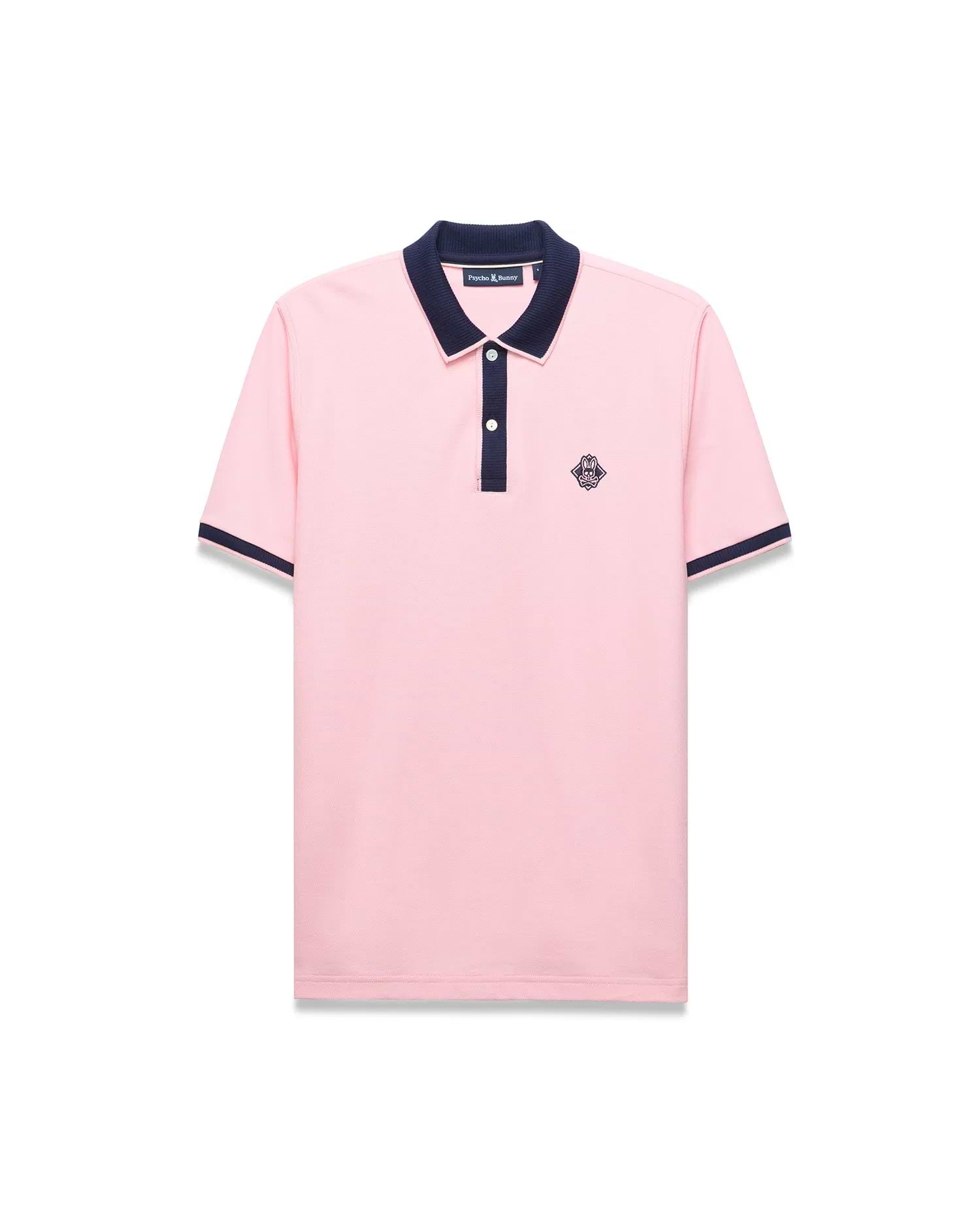 Mens Robin Pique Polo, light pink pique polo with navy ribbed collar, two-button placket, and sleeve cuffs. Features a small navy embroidered Psycho Bunny skull logo on the left chest. Classic fit.