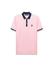 Mens Robin Pique Polo, light pink pique polo with navy ribbed collar, two-button placket, and sleeve cuffs. Features a small navy embroidered Psycho Bunny skull logo on the left chest. Classic fit.
