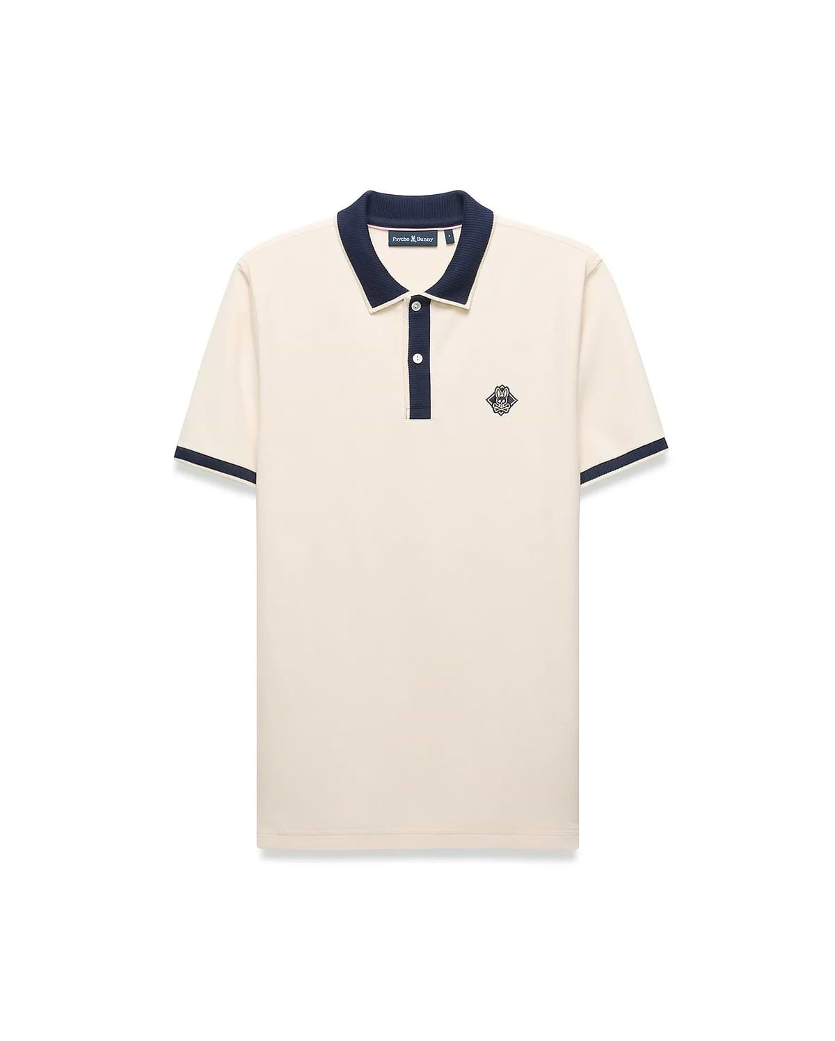Mens Robin Pique Polo, a classic fit cream pique polo with navy blue ribbed collar, two-button placket, cuffs, and an embroidered Psycho Bunny skull logo on the left chest.