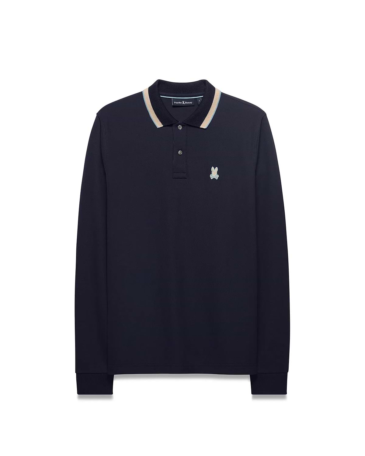 Men's Grover Pique Longsleeve Polo in navy, featuring a classic fit, pique texture, striped collar with light blue, beige, and white accents, and a small embroidered Psycho Bunny skull logo on the left chest. (5)