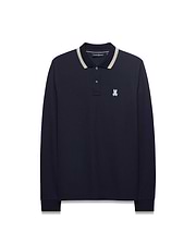 Men's Grover Pique Longsleeve Polo in navy, featuring a classic fit, pique texture, striped collar with light blue, beige, and white accents, and a small embroidered Psycho Bunny skull logo on the left chest. (5)