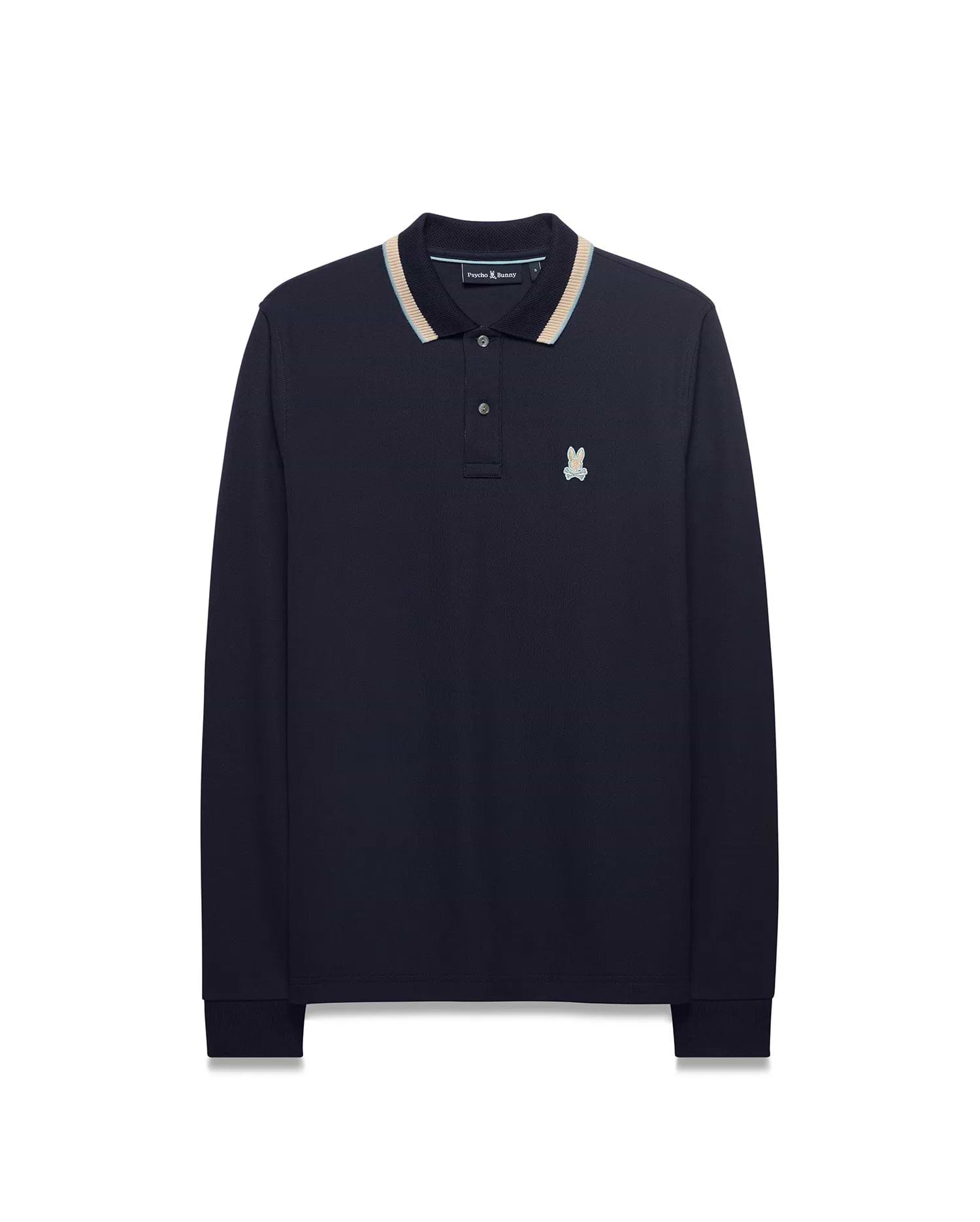 Men's Grover Pique Longsleeve Polo in navy, featuring a classic fit, pique texture, striped collar with light blue, beige, and white accents, and a small embroidered Psycho Bunny skull logo on the left chest. (5)
