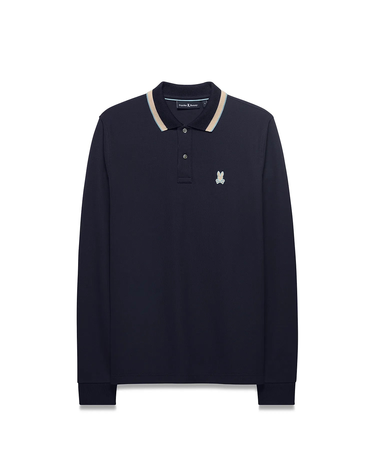 Men's Grover Pique Longsleeve Polo in navy, featuring a classic fit, pique texture, striped collar with light blue, beige, and white accents, and a small embroidered Psycho Bunny skull logo on the left chest. (5)