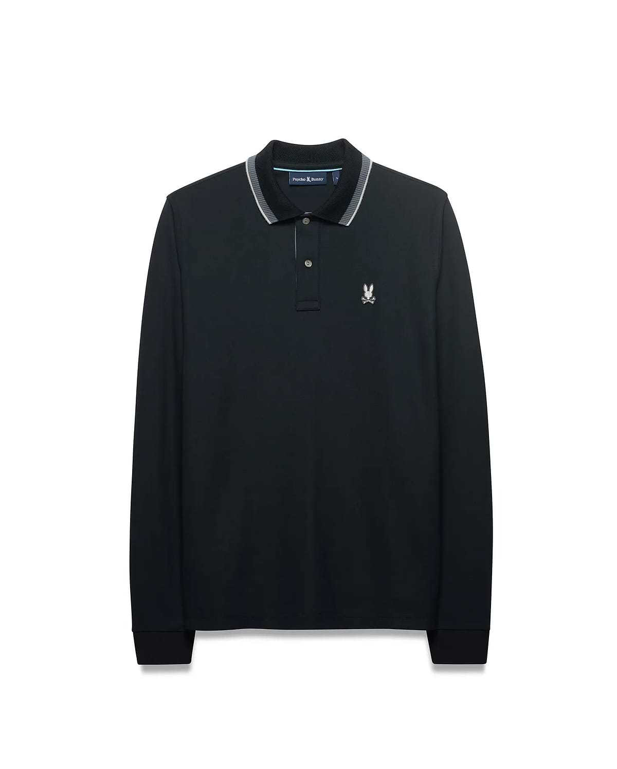 Men's Grover Pique Longsleeve Polo in black, classic fit, with a ribbed collar featuring white and grey stripes, two-button placket, and a small embroidered white Psycho Bunny skull logo on the left chest. (5)