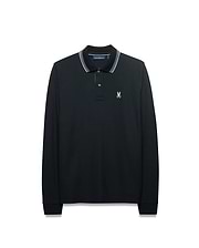 Men's Grover Pique Longsleeve Polo in black, classic fit, with a ribbed collar featuring white and grey stripes, two-button placket, and a small embroidered white Psycho Bunny skull logo on the left chest. (5)
