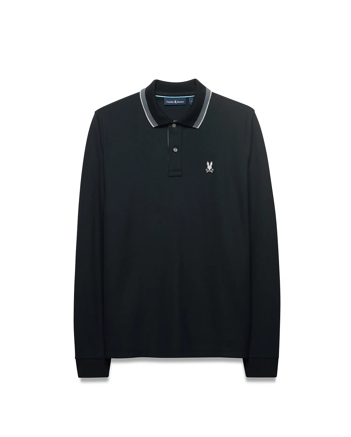 Men's Grover Pique Longsleeve Polo in black, classic fit, with a ribbed collar featuring white and grey stripes, two-button placket, and a small embroidered white Psycho Bunny skull logo on the left chest. (5)