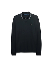 Men's Grover Pique Longsleeve Polo in black, classic fit, with a ribbed collar featuring white and grey stripes, two-button placket, and a small embroidered white Psycho Bunny skull logo on the left chest. (5)