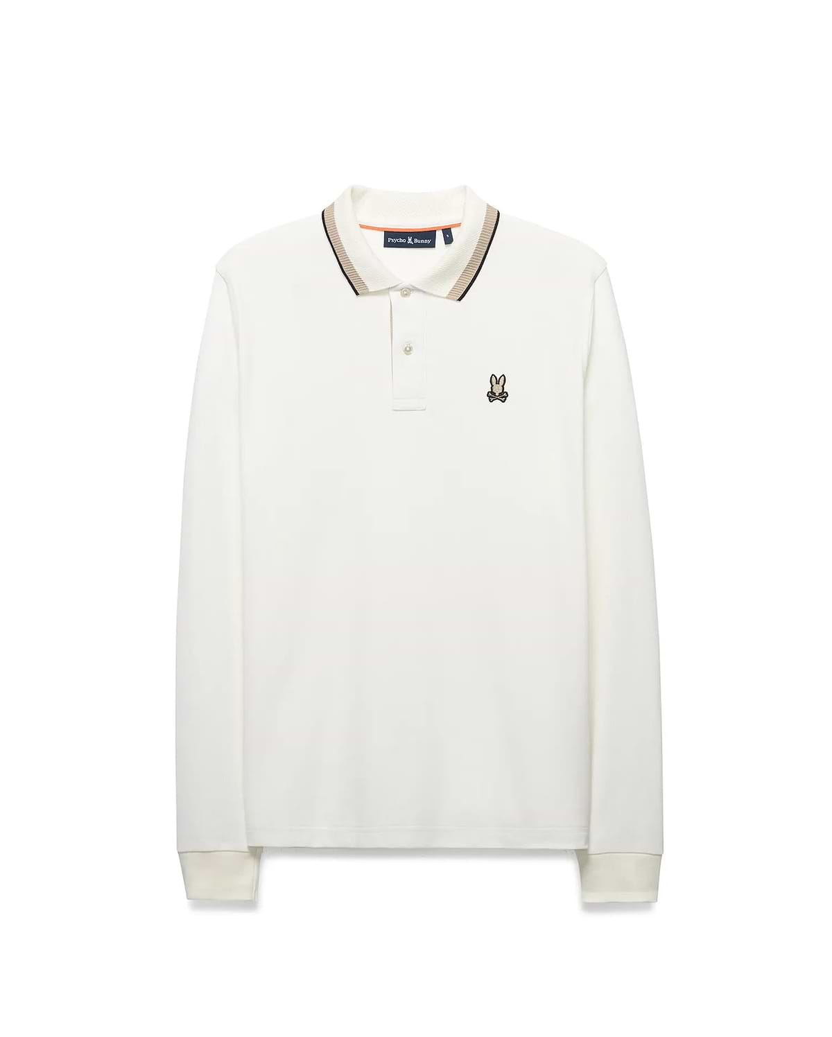 Men's Grover Pique Longsleeve Polo in ecru, featuring a classic fit, pique knit texture, ribbed collar with black and tan tipping, two-button placket, and a small embroidered Psycho Bunny skull logo on the left chest. (5)