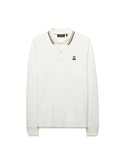 Men's Grover Pique Longsleeve Polo in ecru, featuring a classic fit, pique knit texture, ribbed collar with black and tan tipping, two-button placket, and a small embroidered Psycho Bunny skull logo on the left chest. (5)