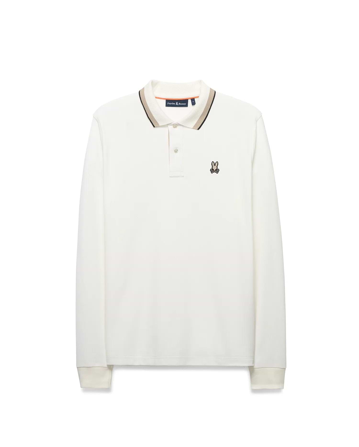 Men's Grover Pique Longsleeve Polo in ecru, featuring a classic fit, pique knit texture, ribbed collar with black and tan tipping, two-button placket, and a small embroidered Psycho Bunny skull logo on the left chest. (5)