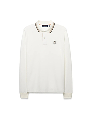 Men's Grover Pique Longsleeve Polo in ecru, featuring a classic fit, pique knit texture, ribbed collar with black and tan tipping, two-button placket, and a small embroidered Psycho Bunny skull logo on the left chest. (5)