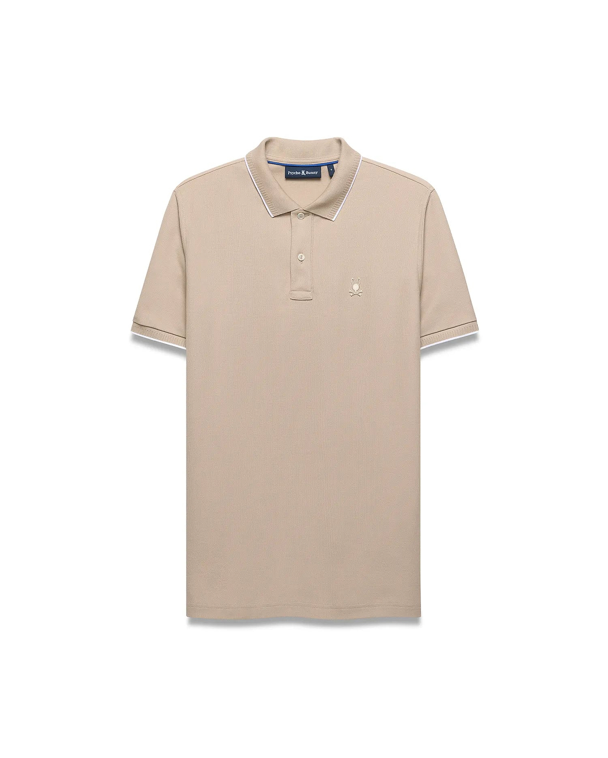 Mens Ringston Pique Polo in beige, featuring a classic fit, textured pique fabric, white tipping on the ribbed collar and cuffs, and a small embroidered Psycho Bunny skull logo on the left chest.