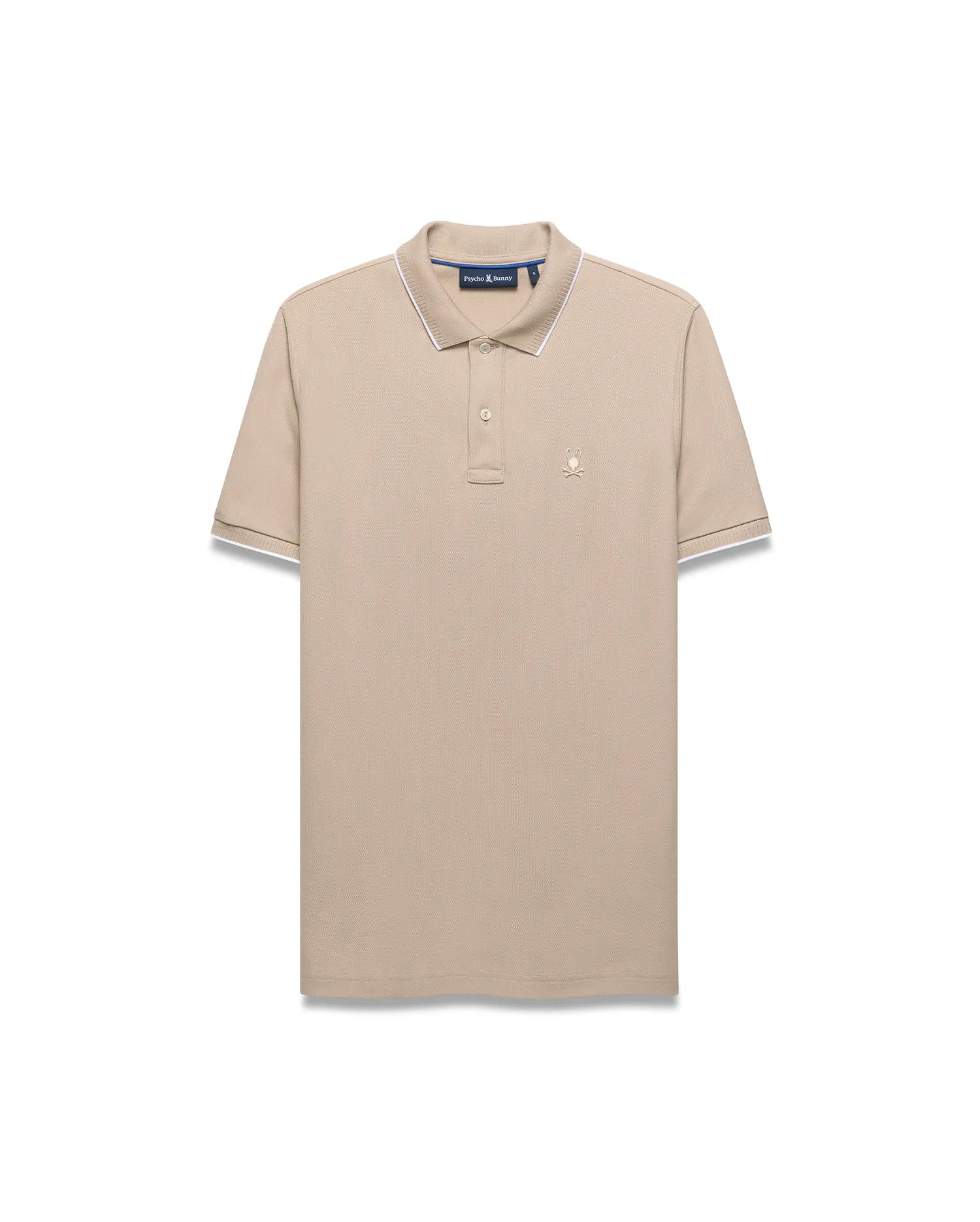 Mens Ringston Pique Polo in beige, featuring a classic fit, textured pique fabric, white tipping on the ribbed collar and cuffs, and a small embroidered Psycho Bunny skull logo on the left chest.