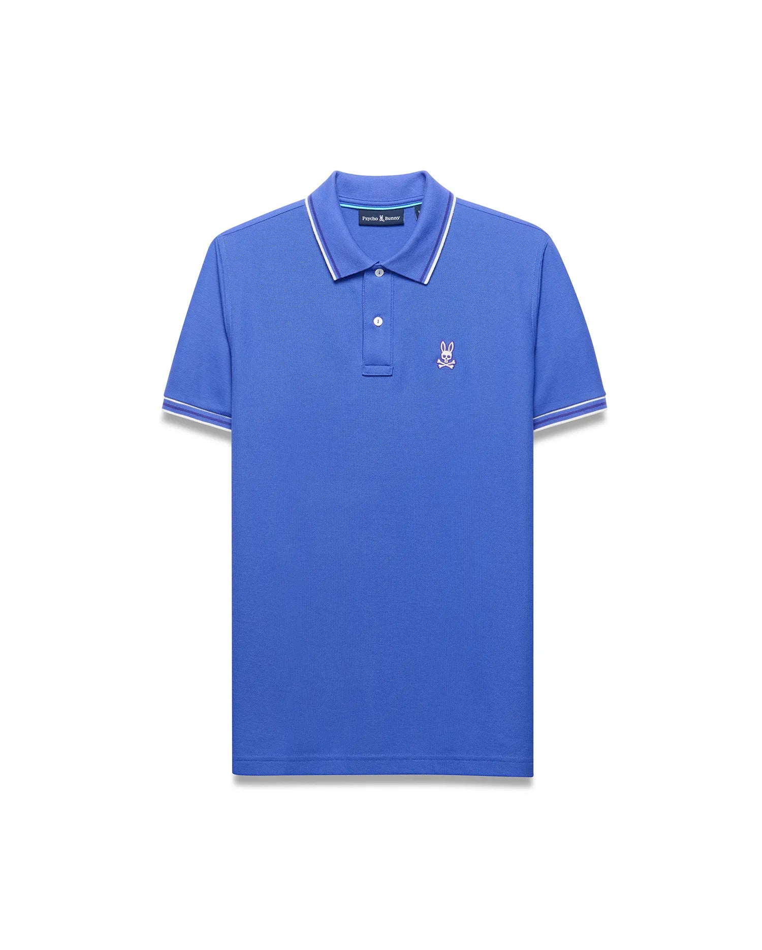 Mens Atley Pique Polo, royal blue classic fit pique polo with white and blue tipped collar and cuffs, featuring a small embroidered pink Psycho Bunny skull logo on the left chest.