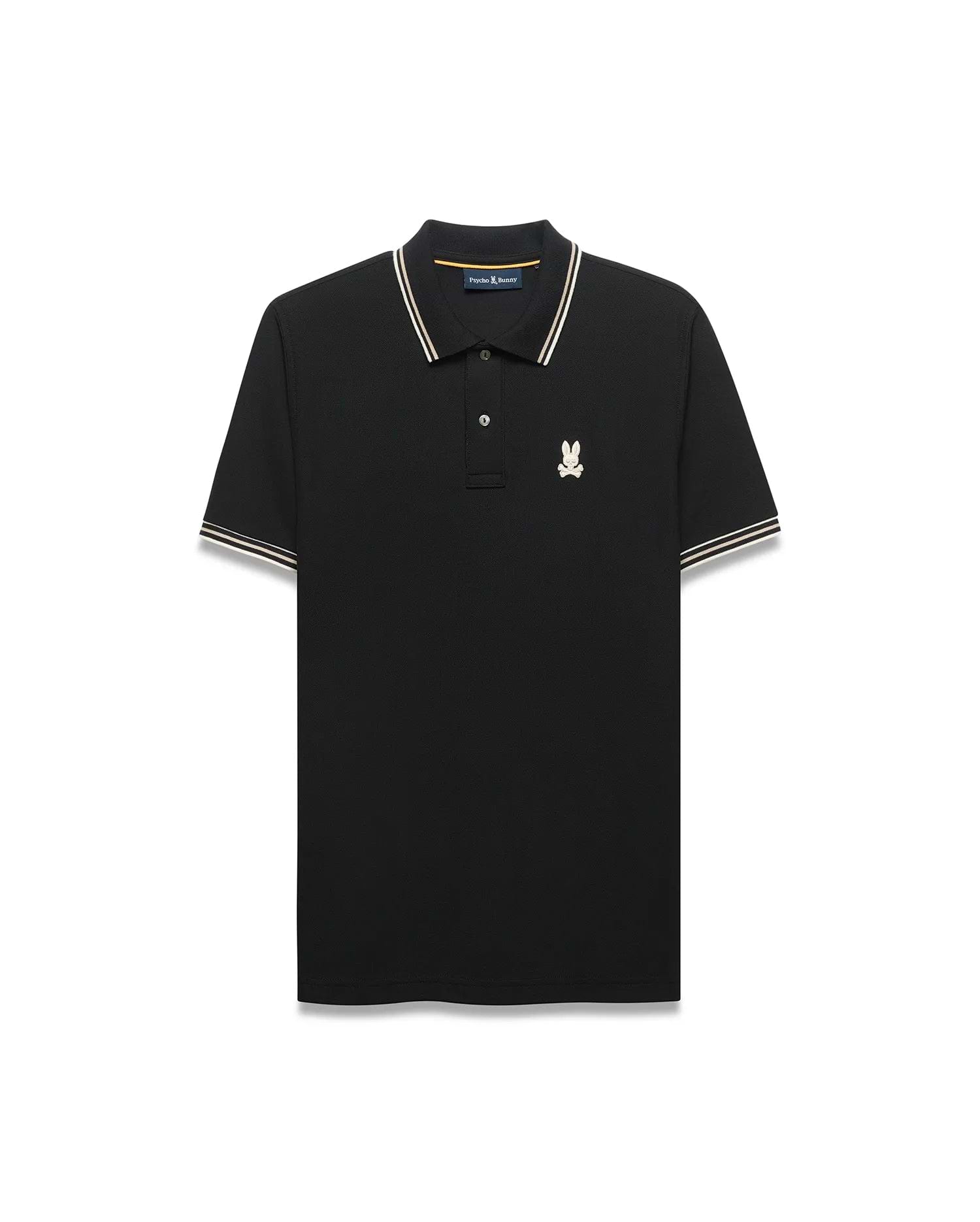 Mens Atley Pique Polo in black, featuring a classic fit, pique texture, white and gold striped collar and sleeve cuffs, and a small embroidered cream and gold Psycho Bunny skull logo on the left chest. (5)