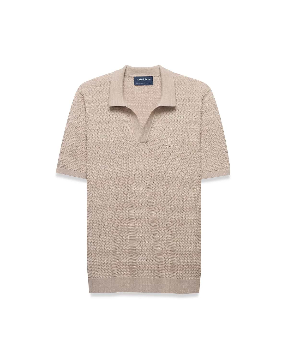 MENS DEVON BRAIDED STITCH KNIT POLO in beige, featuring a classic fit, textured braided knit fabric, spread collar, V-neck placket, and a small, embroidered tone-on-tone Psycho Bunny skull logo on the left chest.