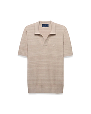 MENS DEVON BRAIDED STITCH KNIT POLO in beige, featuring a classic fit, textured braided knit fabric, spread collar, V-neck placket, and a small, embroidered tone-on-tone Psycho Bunny skull logo on the left chest.