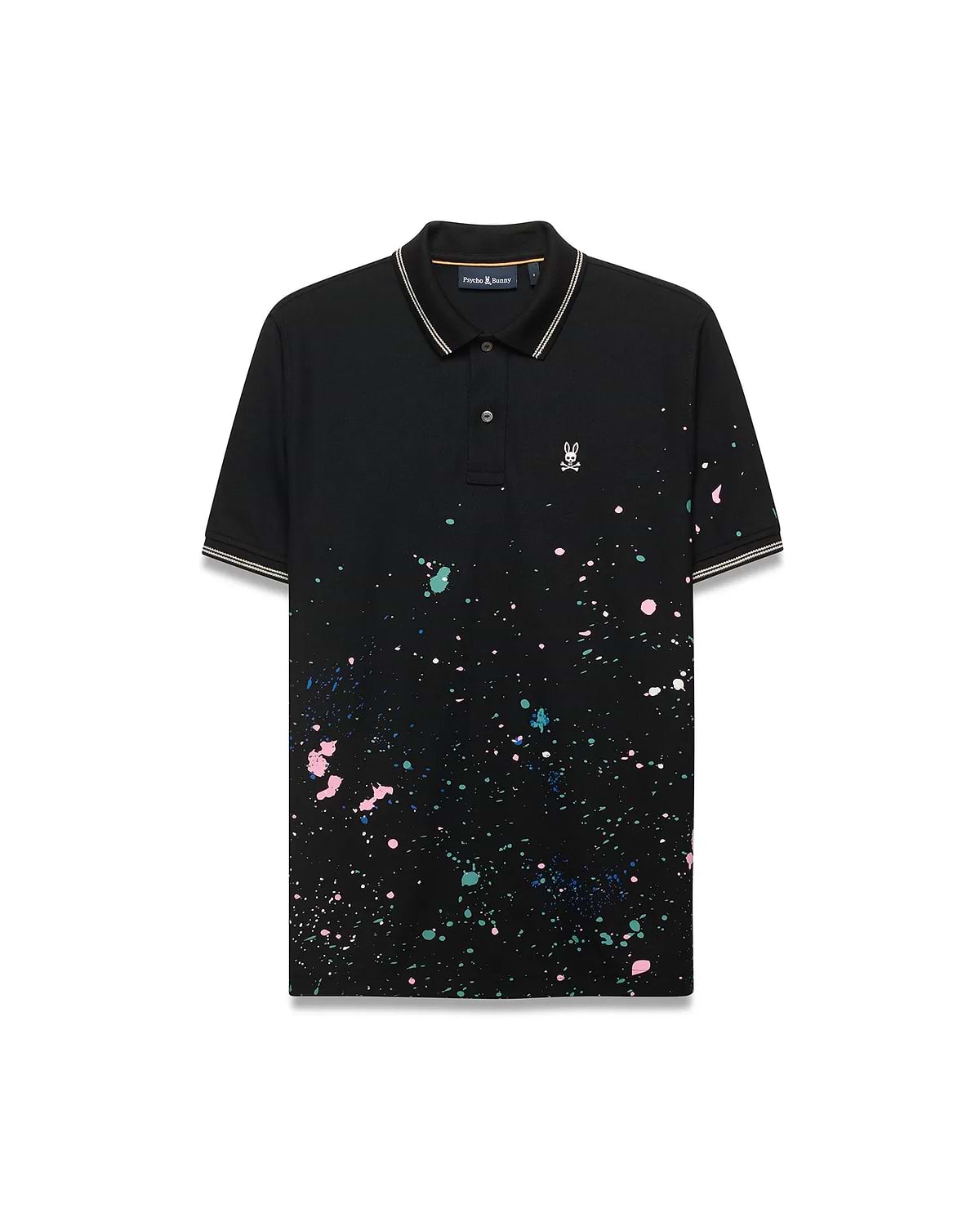 Mens Malcolm Splatter Polo, a classic fit black pique polo with vibrant multi-color splatter print, striped collar/cuff tipping, and a small white embroidered Psycho Bunny skull logo on the left chest. (5)