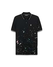 Mens Malcolm Splatter Polo, a classic fit black pique polo with vibrant multi-color splatter print, striped collar/cuff tipping, and a small white embroidered Psycho Bunny skull logo on the left chest. (5)
