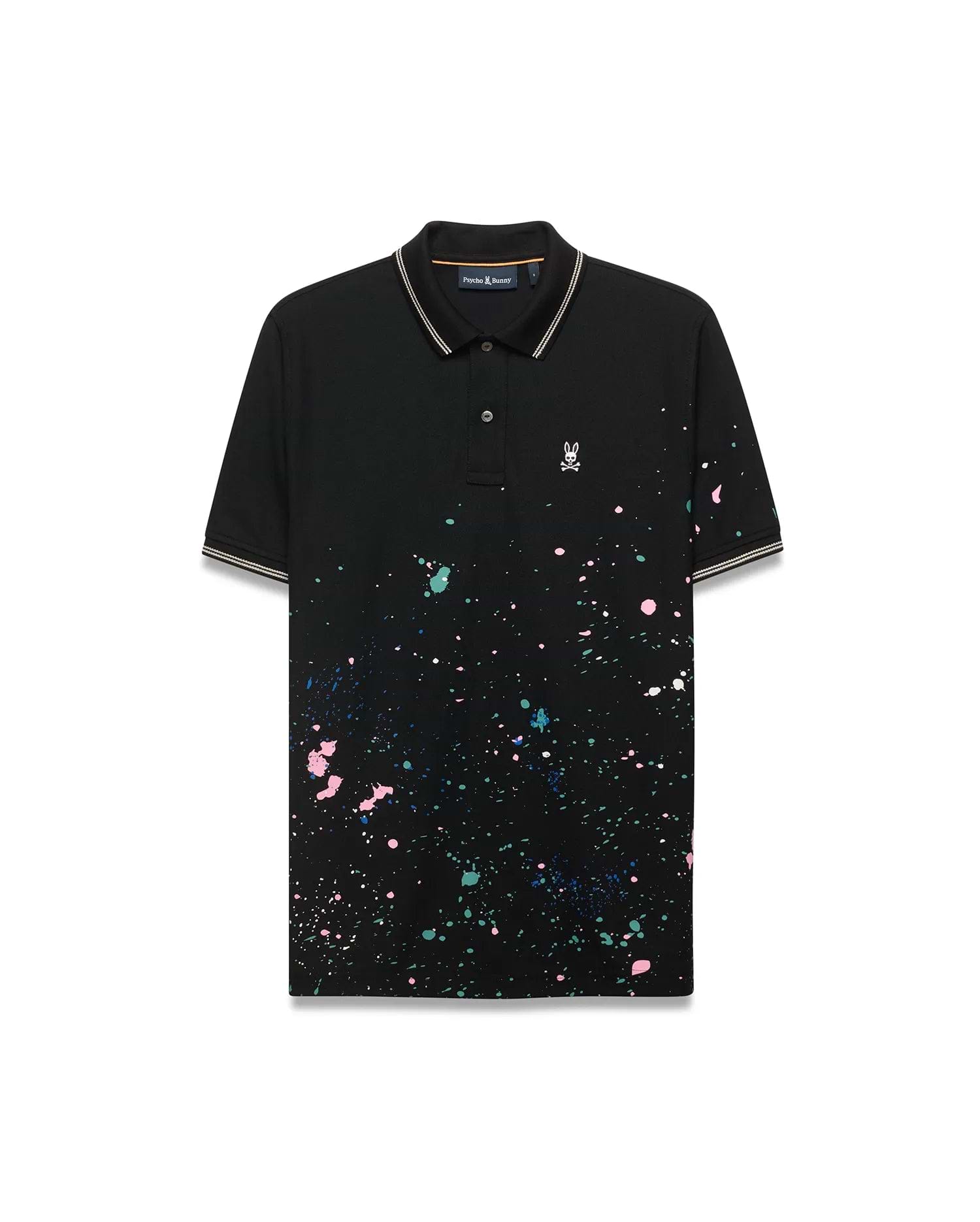 Mens Malcolm Splatter Polo, a classic fit black pique polo with vibrant multi-color splatter print, striped collar/cuff tipping, and a small white embroidered Psycho Bunny skull logo on the left chest. (5)