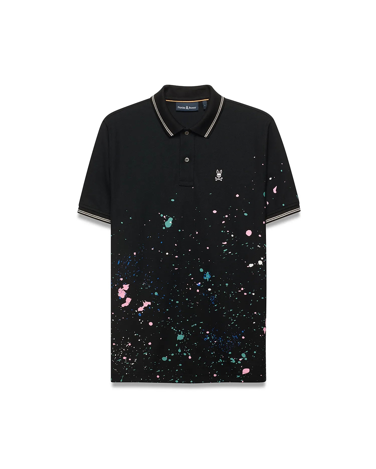 Mens Malcolm Splatter Polo, a classic fit black pique polo with vibrant multi-color splatter print, striped collar/cuff tipping, and a small white embroidered Psycho Bunny skull logo on the left chest. (5)