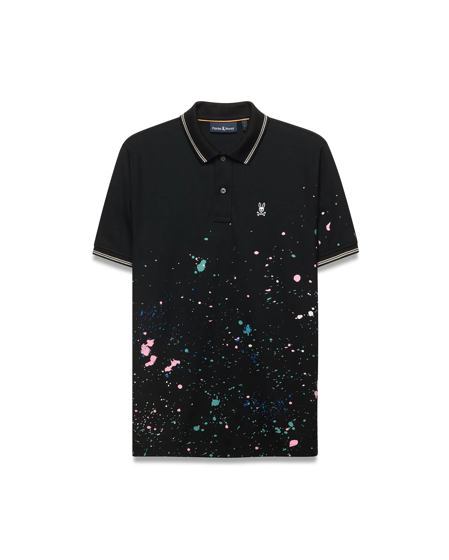 Mens Malcolm Splatter Polo, a classic fit black pique polo with vibrant multi-color splatter print, striped collar/cuff tipping, and a small white embroidered Psycho Bunny skull logo on the left chest. (5)