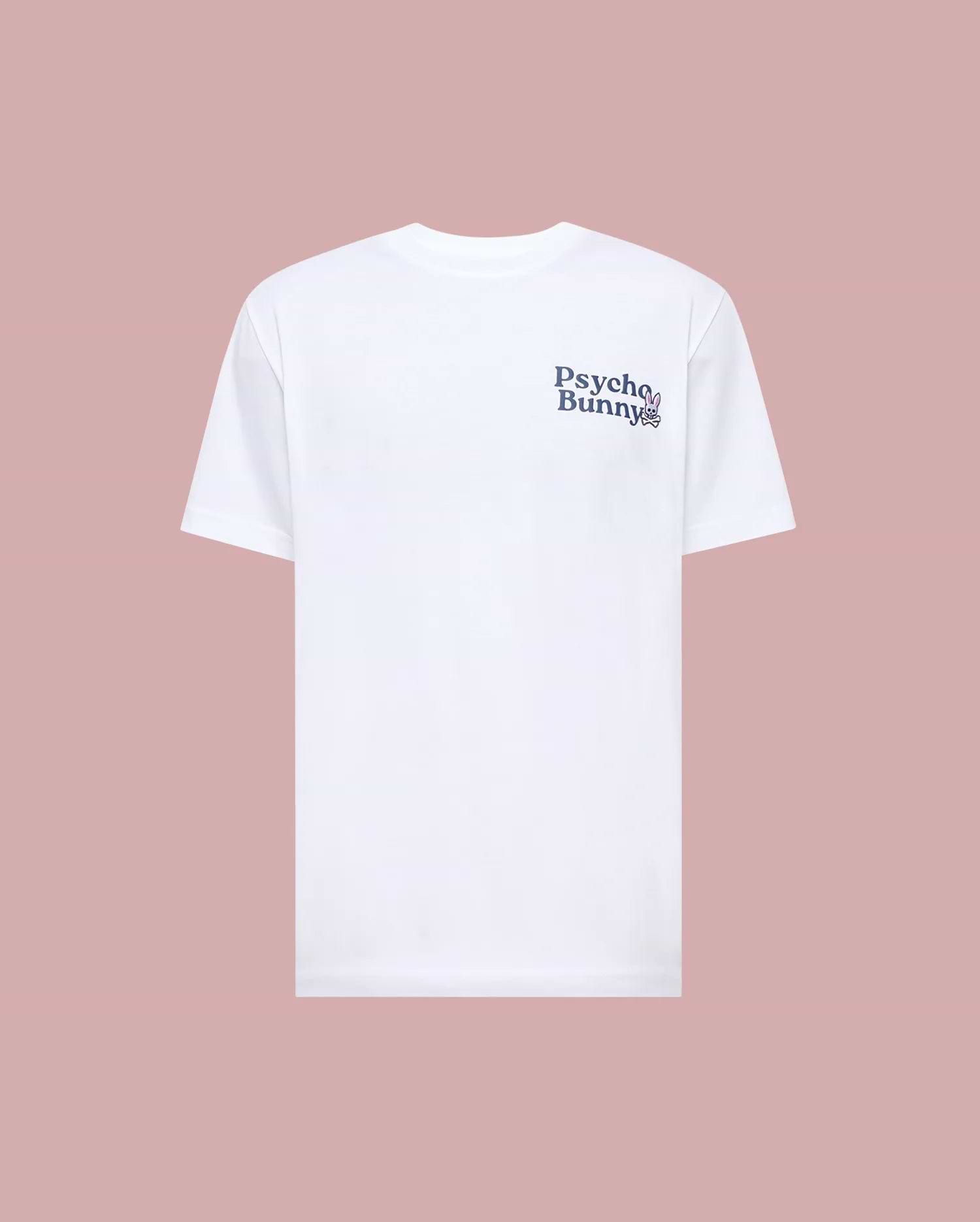 The Psycho Bunny MENS ARCHIVE WORDMARK GRAPHIC TEE (MT0200030) is a plain white Pima cotton short-sleeve shirt with "Psycho Bunny" and a small black bunny on the left chest, shown on a light pink background.