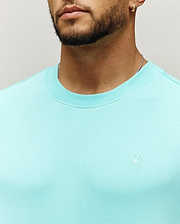 Mens Adam Interlock Tee in aqua, featuring a smooth interlock knit and a classic fit, with a small white embroidered Psycho Bunny skull logo on the left chest.