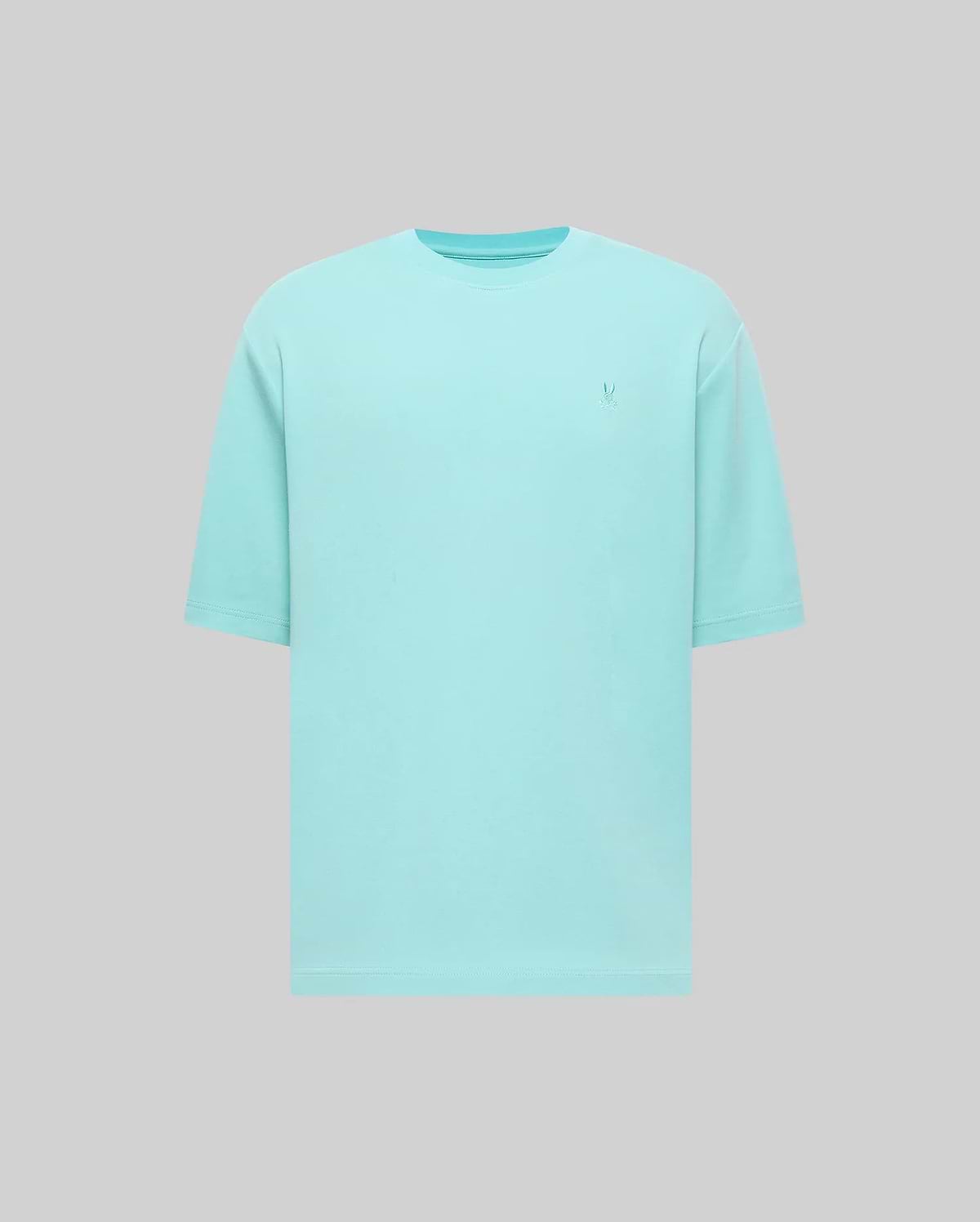 Mens Adam Interlock Tee, a relaxed fit aqua interlock t-shirt featuring a small, tone-on-tone embroidered Psycho Bunny skull logo on the left chest.