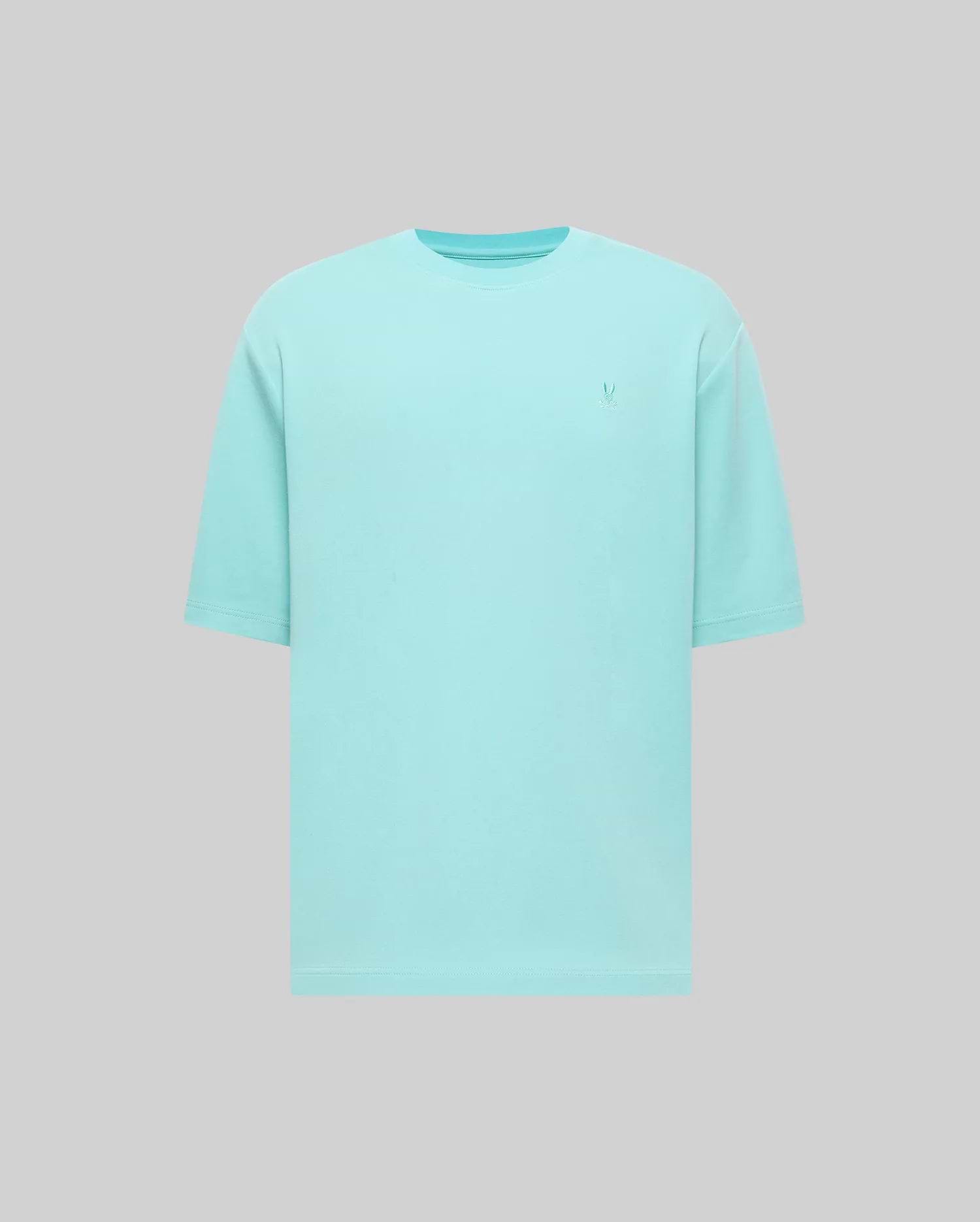 Mens Adam Interlock Tee, a relaxed fit aqua interlock t-shirt featuring a small, tone-on-tone embroidered Psycho Bunny skull logo on the left chest.