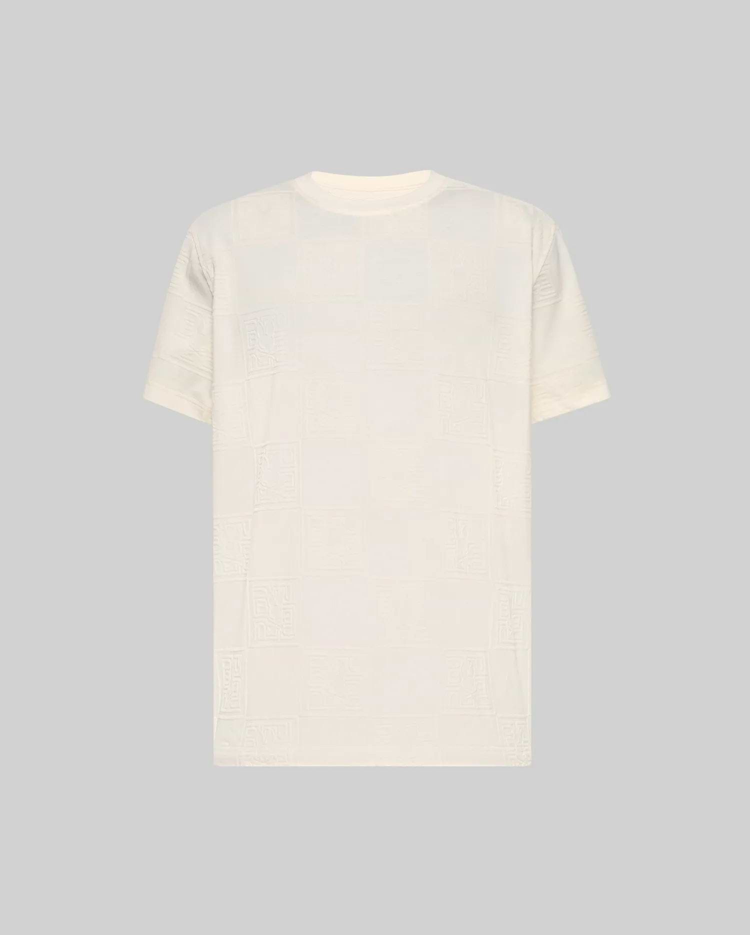 Cream Mens Gio Tee with an all-over subtle embossed checkerboard pattern featuring Psycho Bunny logos and text, in a classic fit soft jersey knit.