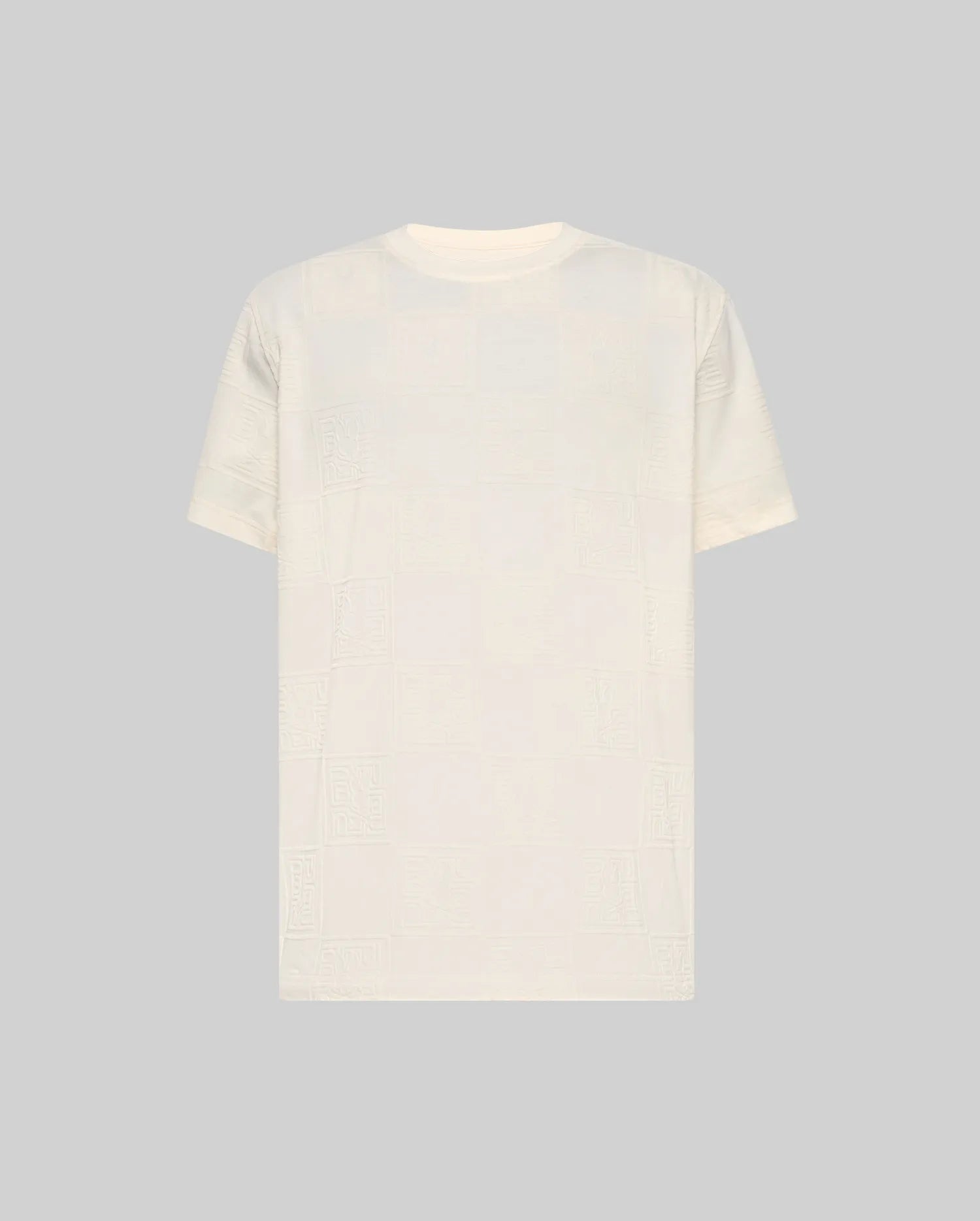 Cream Mens Gio Tee with an all-over subtle embossed checkerboard pattern featuring Psycho Bunny logos and text, in a classic fit soft jersey knit.