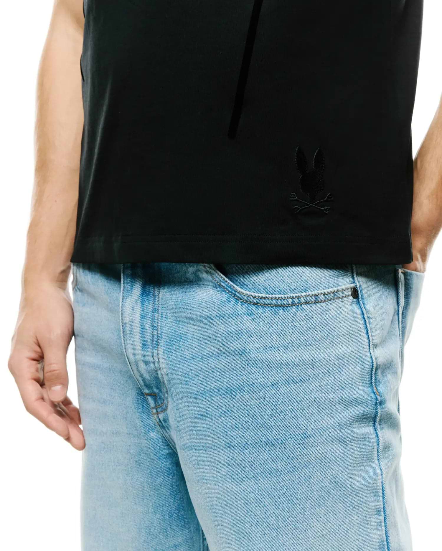 Mens Soren Graphic Tee, black classic fit jersey knit with a subtle vertical graphic and a small tonal embroidered Psycho Bunny skull logo on the left chest. (3)