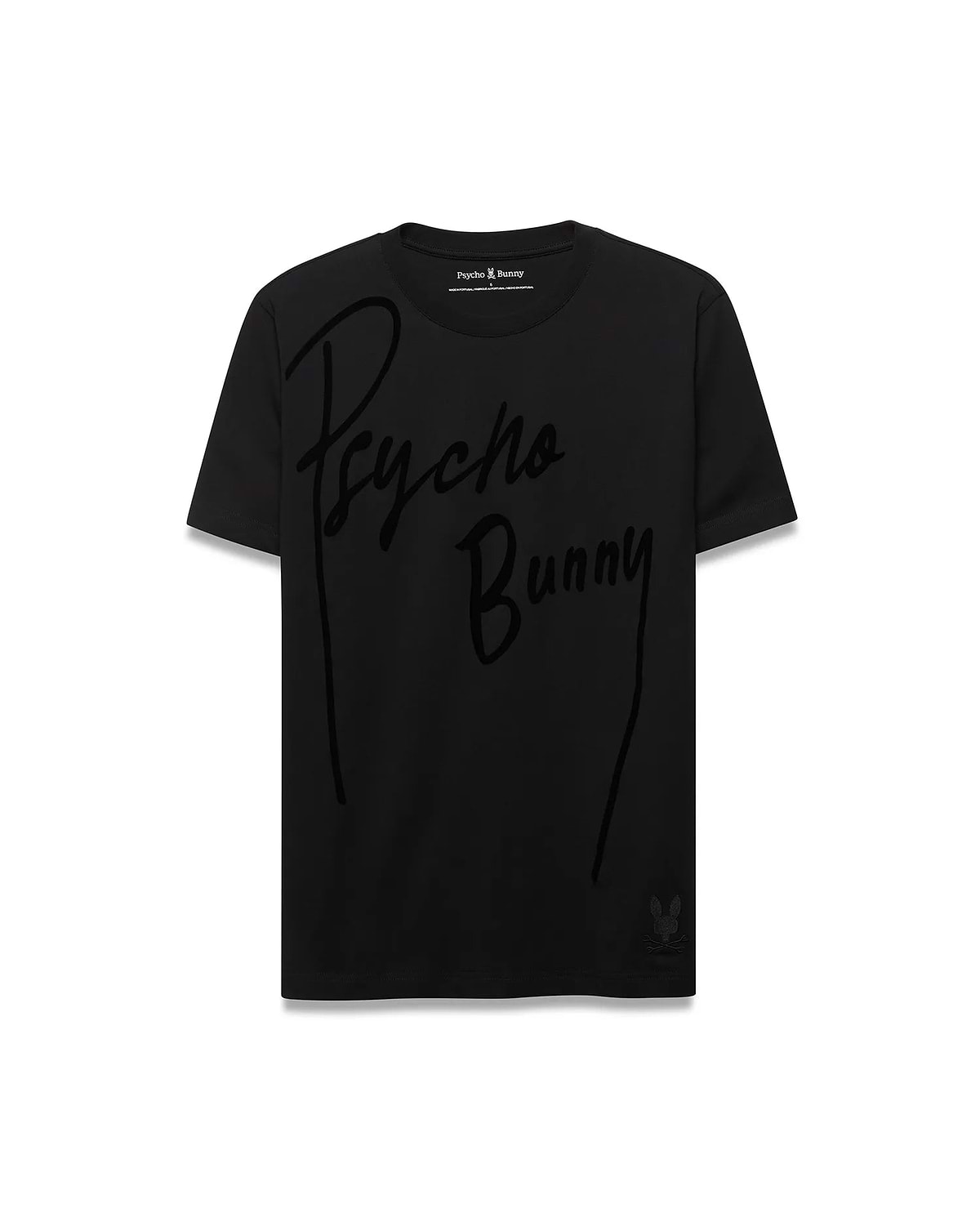 Mens Soren Graphic Tee, a black classic fit jersey t-shirt featuring a large tonal Psycho Bunny script graphic across the chest and a small tonal skull logo near the left hem. (1)